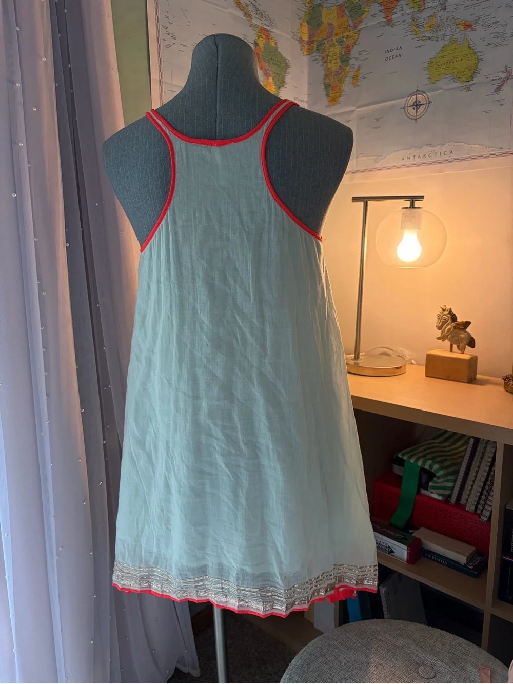 Free People Aqua/Mint Green Asymmetrical Slip Dress with Coral Trim